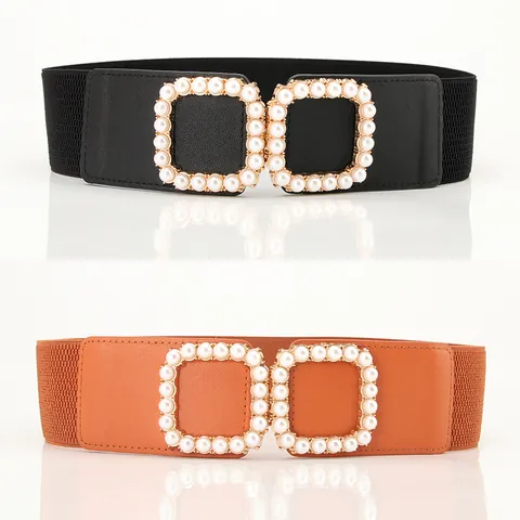 Women Elastic Waist Belt Wide Cincher Double Square Buckle Imitation Artificial Pearl Elegant Versatile Fashion Waistband For Dresses