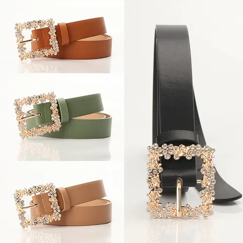 Women Vintage PU Leather Belt With Rhinestone Flower Square Alloy Pin Buckle Fashion Waist Strap For Dresses Jeans
