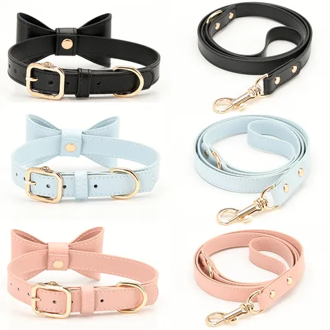 PU Leather Pet Collar And Leash With Bow Decoration Adjustable Gold Alloy Buckle For Small Medium Dogs Cats Fashion Pet Accessory