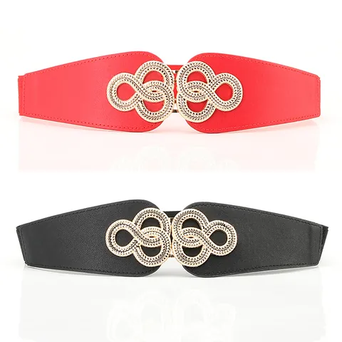 Women Vintage Elastic Wide Waist Belt Fashion PU Leather Cinch Belt With Gold Interlocking Alloy Buckle For Dresses Accessory