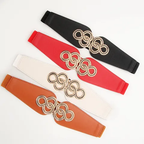 Women Vintage Elastic Wide Waist Belt Fashion PU Leather Cinch Belt With Gold Interlocking Alloy Buckle For Dresses Accessory