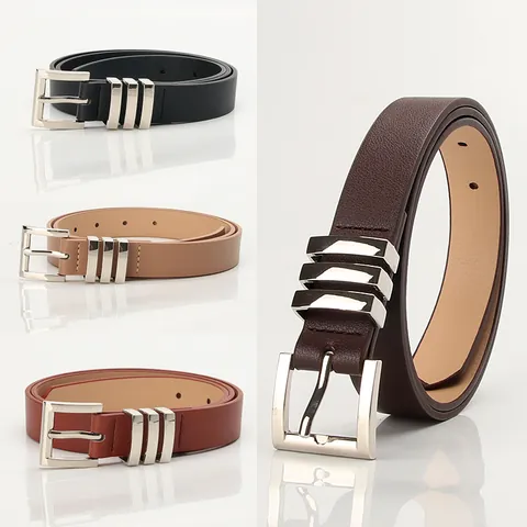 Women's Fashion Faux Leather Belt With Square Alloy Pin Buckle Three Metal Rings Vintage Casual Waist Strap For Jeans Pants