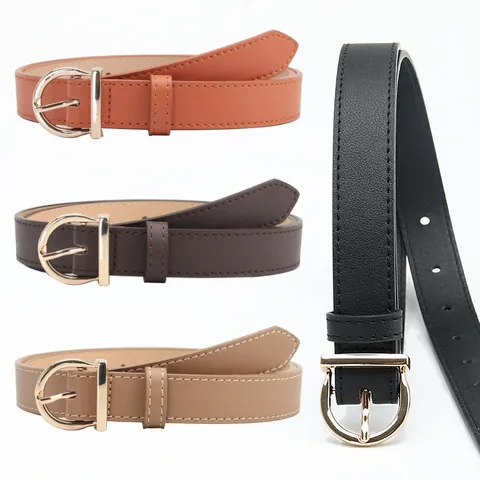 Women Minimalist Faux Leather Belt With Alloy D-Shape Buckle Vintage Casual Waistband For Jeans Dress Pants