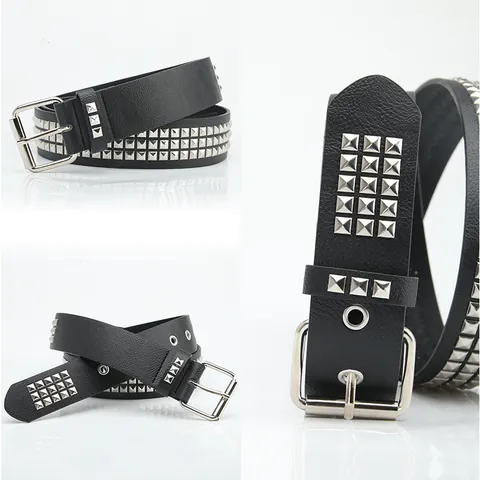 Cinturón Unisex Punk Rock de Cuero Sintético Con Tachuelas de Pirámide Cuadradas Hebilla de Pasador de Hierro Plateado Negro