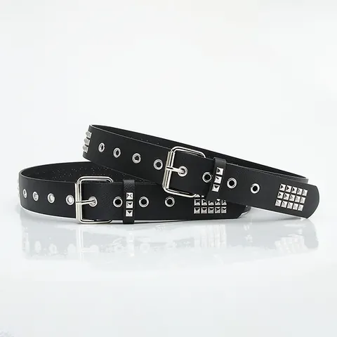 Cinturón Unisex Punk Rock de Cuero Sintético Con Tachuelas de Pirámide Cuadradas Hebilla de Pasador de Hierro Plateado Negro