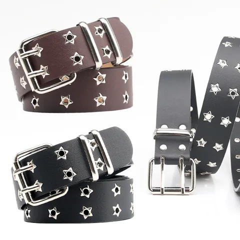 Women Punk Style PU Leather Belt With Double Row Star Grommets Fashion Waist Strap For Jeans Double Prong Buckle Accessory