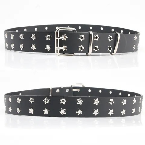 Women Punk Style PU Leather Belt With Double Row Star Grommets Fashion Waist Strap For Jeans Double Prong Buckle Accessory