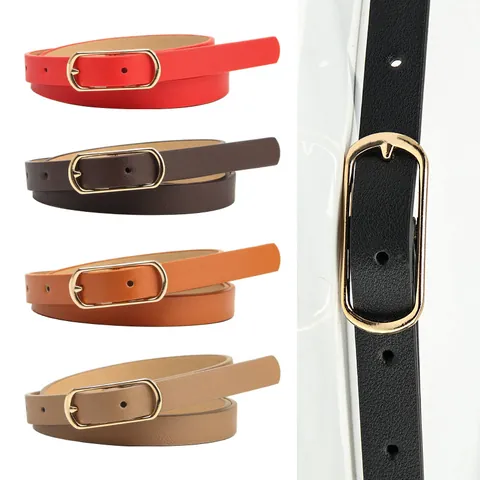 Women's Thin Belt Faux Leather PU Lychee Pattern Gold Alloy Oval Pin Buckle Simple Elegant Adjustable Waist Belt For Dresses