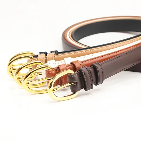 Women's Minimalist PU Leather Belt With Golden Oval Alloy Pin Buckle Fashion Casual Waist Strap For Jeans Dresses Girls