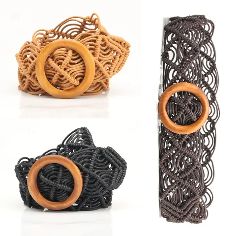 Women's Hand-Woven Wax Rope Belt With Round Wood Buckle Bohemian Ethnic Style Hollow Out Adjustable Waist Strap For Dress