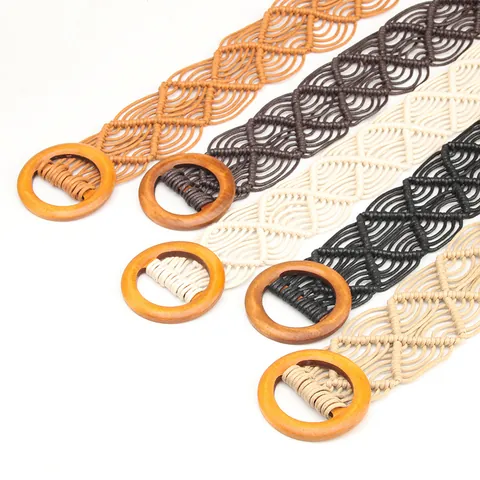 Women's Hand-Woven Wax Rope Belt With Round Wood Buckle Bohemian Ethnic Style Hollow Out Adjustable Waist Strap For Dress