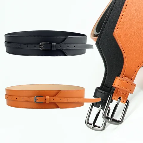 Women Fashion Wide Corset Belt Adjustable PU Leather Double Layer Waistband With Alloy Pin Buckle For Dress Coat Suit Accessories