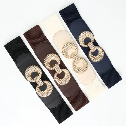 Women Fashion Elastic Wide Waist Cincher Belt Stretchy Cinch Belt Gold Alloy Double Circle Buckle For Dresses Coats