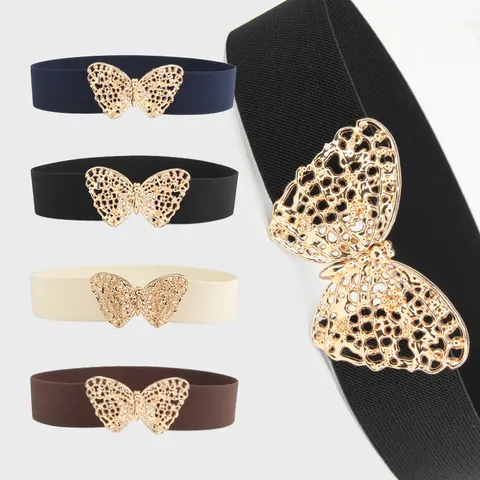 Cinturón Ancho Elástico a la Moda para Mujer Con Hebilla de Mariposa Hueca Dorada Cinturilla Versátil para Vestido Suéter Abrigo
