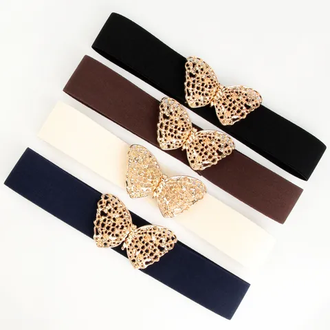 Cinturón Ancho Elástico a la Moda para Mujer Con Hebilla de Mariposa Hueca Dorada Cinturilla Versátil para Vestido Suéter Abrigo