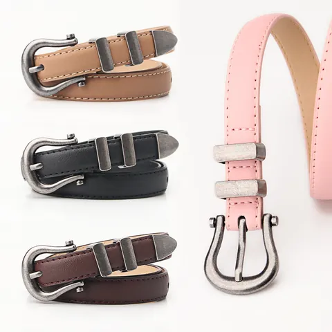 Women Retro Slim Faux Leather Belt With Distressed Alloy Horseshoe Pin Buckle Decorative Suit Pants Waist Belt For Women