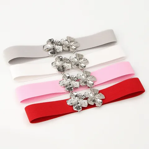 Women Elastic Waist Belt Stretchy Cinch Belt Silver Metal Flower Buckle For Dresses Coats Fashion Decorative Waistband
