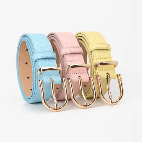 Women's Faux Leather Belt Fashion Litchi Grain Pebble Texture Gold Horseshoe Buckle Jeans Dress Waistband Accessory