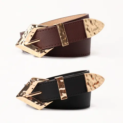 Cintura in Ecopelle Vintage per Donna Fibbia Geometrica Martellata Dorata Cintura Sottile alla Moda Accessori Decorativi per Jeans