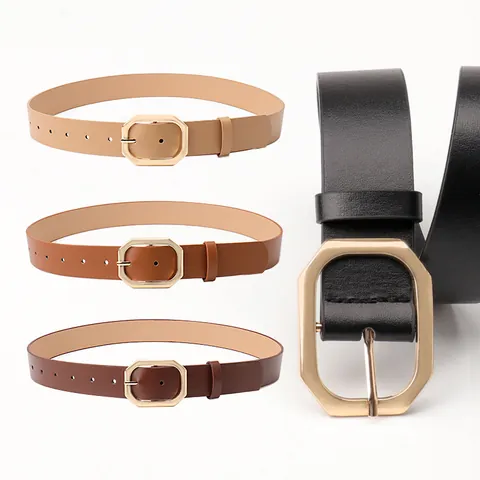 Ceinture pour Femmes Mode Minimaliste en Cuir PU Avec Boucle à Ardillon en Alliage Octogonale Dorée pour Jeans Pantalons Casual Quotidien