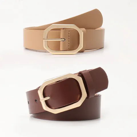 Ceinture pour Femmes Mode Minimaliste en Cuir PU Avec Boucle à Ardillon en Alliage Octogonale Dorée pour Jeans Pantalons Casual Quotidien