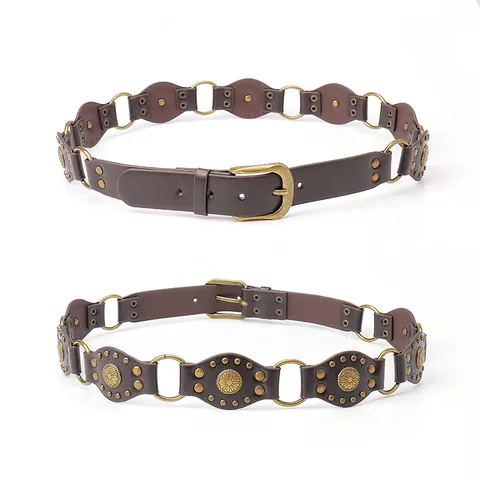 Women Western Cowboy Belt Vintage Studded PU Leather Wide Waist Band Alloy Pin Buckle Boho Punk Decorative Belt For Jeans Dresses
