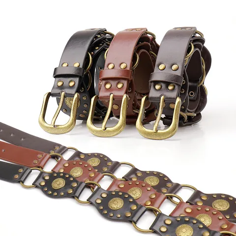 Women Western Cowboy Belt Vintage Studded PU Leather Wide Waist Band Alloy Pin Buckle Boho Punk Decorative Belt For Jeans Dresses