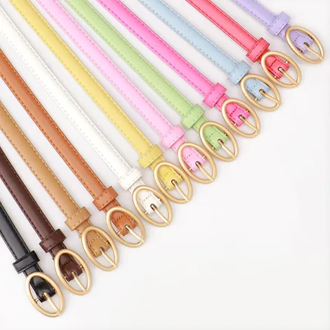 Moda Donna Colore Caramella Ecopelle Cintura Sottile Oro Fibbia Ovale Regolabile Cinturino in Vita per Jeans Abiti