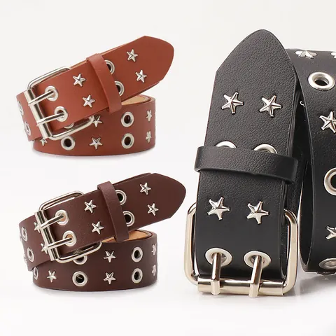 Cintura da Donna Punk in Ecopelle Con Fibbia a Doppio Ardiglione Design Con Borchie a Stella e Occhielli in Metallo per Jeans Streetwear