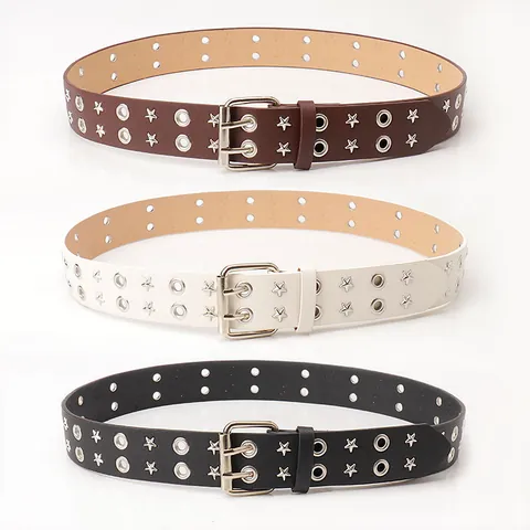 Cintura da Donna Punk in Ecopelle Con Fibbia a Doppio Ardiglione Design Con Borchie a Stella e Occhielli in Metallo per Jeans Streetwear