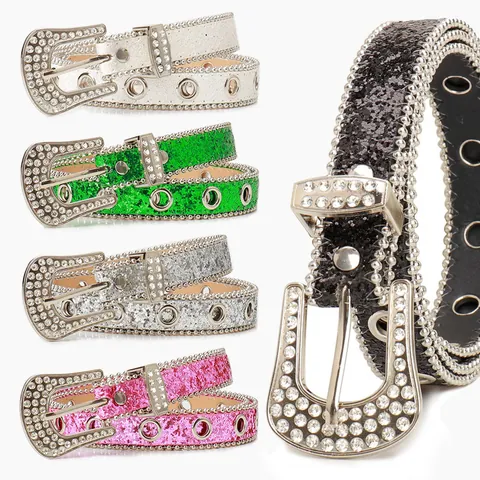Women Y2K Rhinestone Sequin Belt Western Cowboy Style Alloy Pin Buckle PU Leather Sparkly Bling Punk Streetwear Waist Belt Jewelry