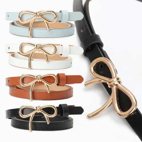 Women's Fashion Slim Bow Belt Faux Leather Gold Alloy Buckle Decorative Waist Belt For Dresses Sweet Elegant Lady Jewelry Accessories