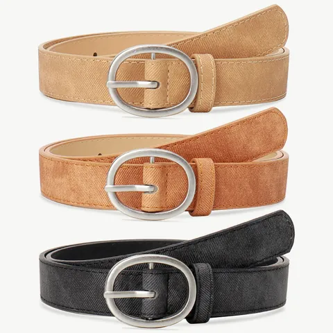 Fashion Casual Women PU Leather Belt With Oval Alloy Pin Buckle Denim Texture Versatile Waist Strap For Jeans Dresses Lady Belt