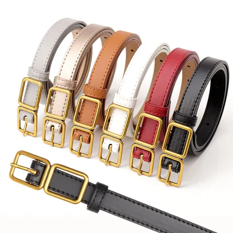 Women's Fashion Faux Leather Belt With Double Square Alloy Pin Buckle Vintage Minimalist Adjustable Waist Strap For Jeans