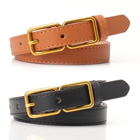 Women's Fashion Faux Leather Belt With Double Square Alloy Pin Buckle Vintage Minimalist Adjustable Waist Strap For Jeans