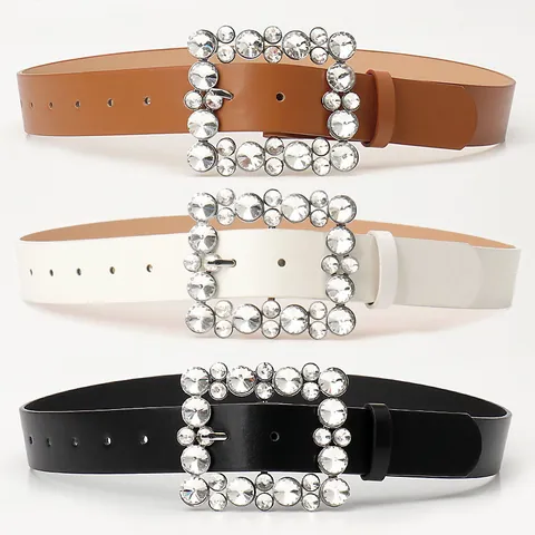 Women Fashion Rhinestone Square Buckle Belt PU Leather Waist Strap for Jeans Dresses Elegant Decorative Accessories
