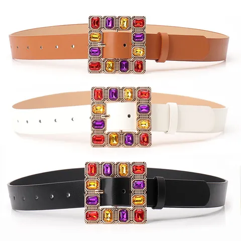 Women's Vintage PU Leather Belt with Colorful Rhinestone Alloy Square Buckle Fashion Wide Waist Strap for Jeans Dress