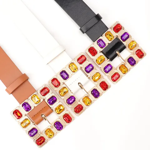 Women's Vintage PU Leather Belt with Colorful Rhinestone Alloy Square Buckle Fashion Wide Waist Strap for Jeans Dress