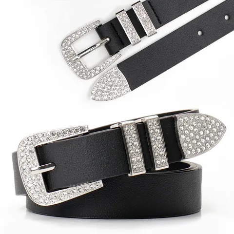 Women Western Bling Rhinestone Belt Faux Leather Rivet Pin Buckle Waist Strap For Jeans Dark Streetwear Fashion Accessory