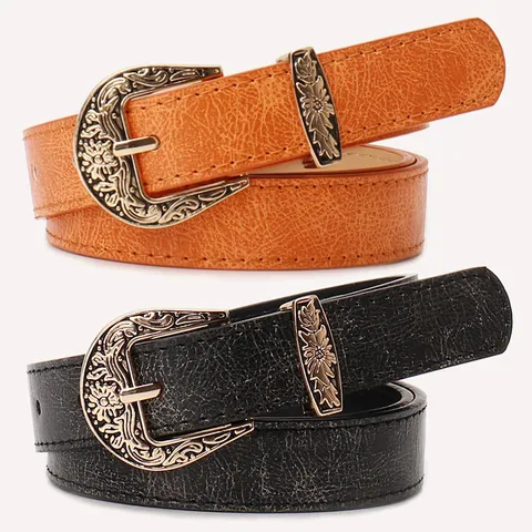 Damen Retro Kunstleder Gürtel Mit Western Blumen Geschnitzte Legierung Schnalle Vintage Riss Textur Taillengürtel Für Jeans Casual