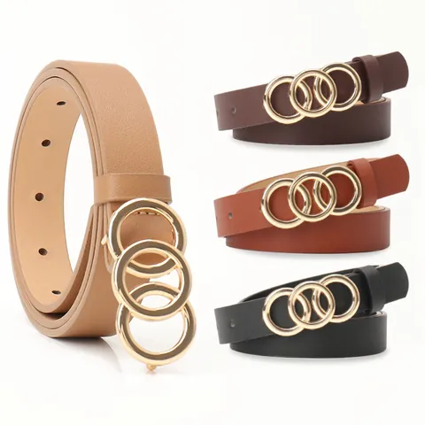 Women Fashion PU Leather Belt With Gold Triple Interlocking Rings Alloy Buckle Versatile Simple Adjustable Waistband For Jeans