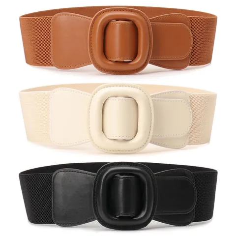 Women Wide Elastic Waist Belt Corset PU Leather Wrapped Square Buckle Cinch Belt For Dresses Suits Elegant Accessory