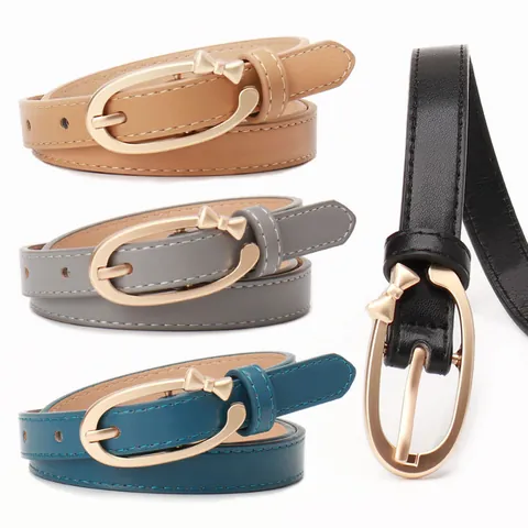 Women's Fashion PU Leather Narrow Belt with Golden Alloy Bow Buckle Elegant Sweet Decorative Waist Strap for Jeans Dresses