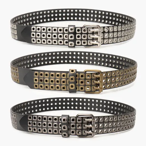 Punk Rock 3 Row Rivet Belt Unisex PU Leather Gothic Hollow Eyelets Waist Strap With Metal Pin Buckle For Jeans Black