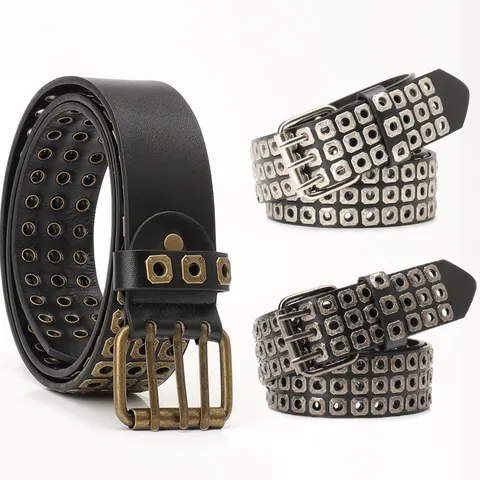 Punk Rock 3 Row Rivet Belt Unisex PU Leather Gothic Hollow Eyelets Waist Strap With Metal Pin Buckle For Jeans Black