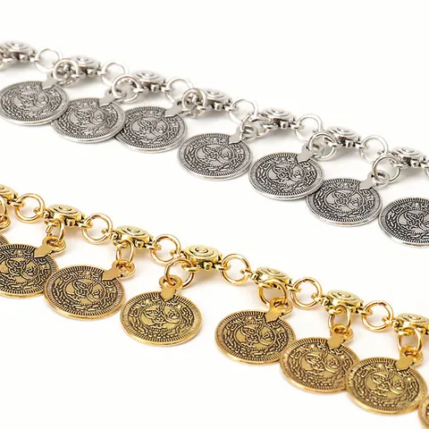 Women Bohemian Retro Metal Coin Waist Chain Belt Ethnic Vintage Gold Silver Plated Alloy Coin Tassel Belly Dance Dress Body Chain Jewelry