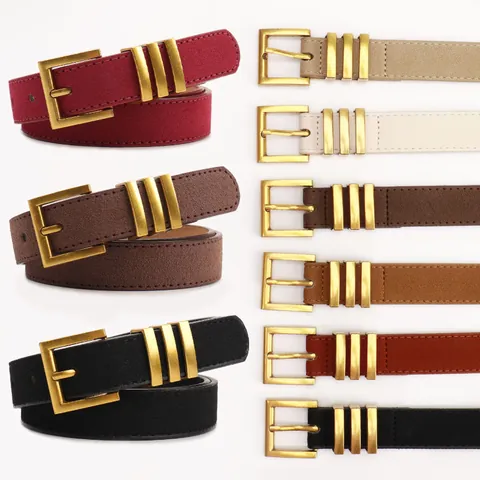 Vintage Women Suede Faux Leather Belt With Gold Alloy Pin Buckle Solid Color Decorative Waist Strap For Jeans Pants