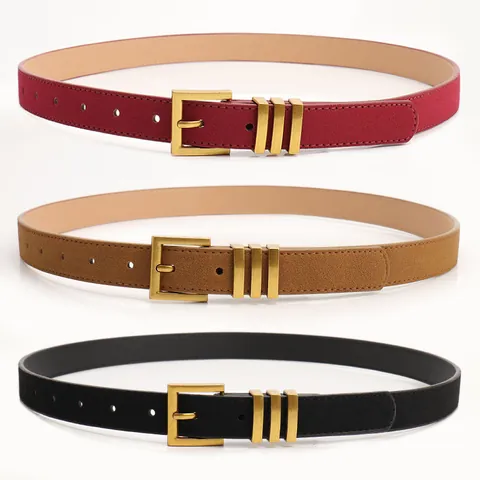 Vintage Women Suede Faux Leather Belt With Gold Alloy Pin Buckle Solid Color Decorative Waist Strap For Jeans Pants