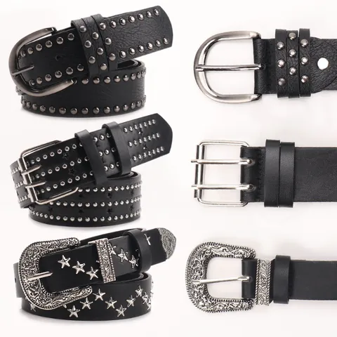 Damen Punk Stil Nietengürtel Vintage Geschnitzte Legierungsschnalle Fünfzackiger Stern Hohl PU Leder Taillengürtel Für Jeans Streetwear