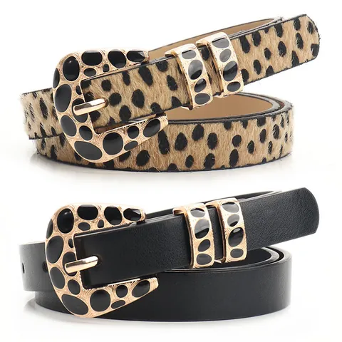 Women Vintage PU Leather Belt With Golden Leopard Print Alloy Pin Buckle Fashion Casual Waistband For Jeans Dresses Ladies Accessory